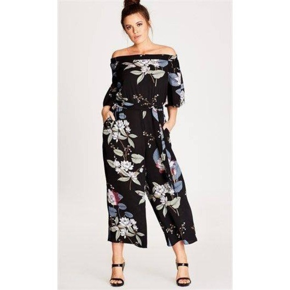 City Chic 7G Womens Floral‎ Print Off The Shoulder Jumpsuit - Plus L/20